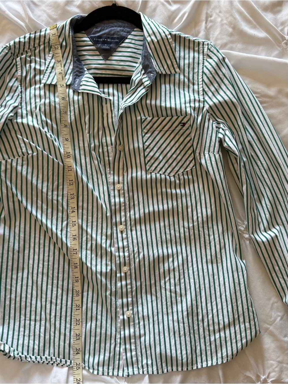Women Tommy Hilfiger White Shirt with Green Vertical Stripes